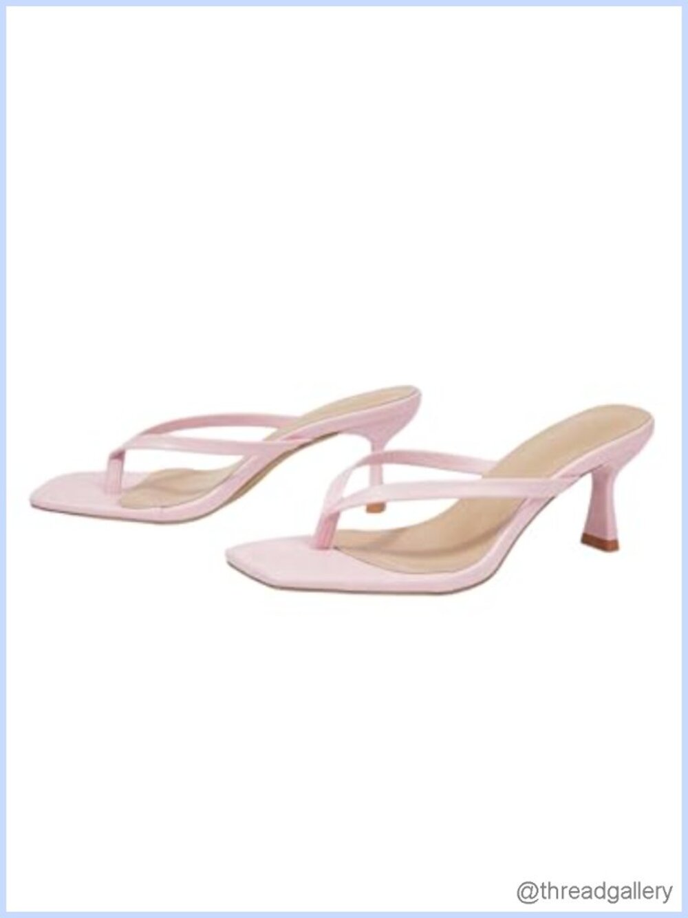 Kitten Heels Slip On Thong Strap Square Toe Sandals Mid Heel Faux Leather
